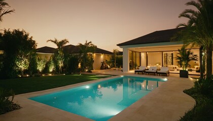 Fototapeta premium Night view of beautiful villa on island Luxury house with swimming pool at night Luxury house with swimming pool at night