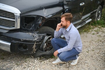 Man calling help after a car crash accident on the road