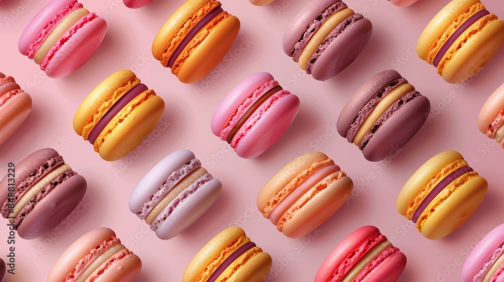 Poster seamless pattern featuring an array of colorful macarons arranged in a repeating grid.