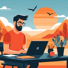 A man with a beard and glasses is sitting at a black table with a laptop