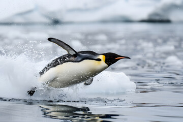 Obraz premium A beautiful penguin jump into water with water splash