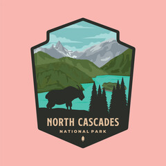 north cascades national park emblem patch logo illustration design, washington landmark design © garisium