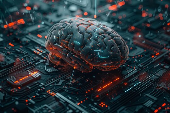 An abstract 3D rendering of a human brain integrated with digital elements and neural networks. This image symbolizes the fusion of human intelligence and AI. Generative AI