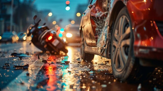 road accident involving a car and a motorcycle on a city street. a broken car and a motorcycle after an accident