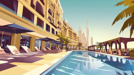 Obraz premium illustration of Luxurious poolside oasis with a cityscape backdrop