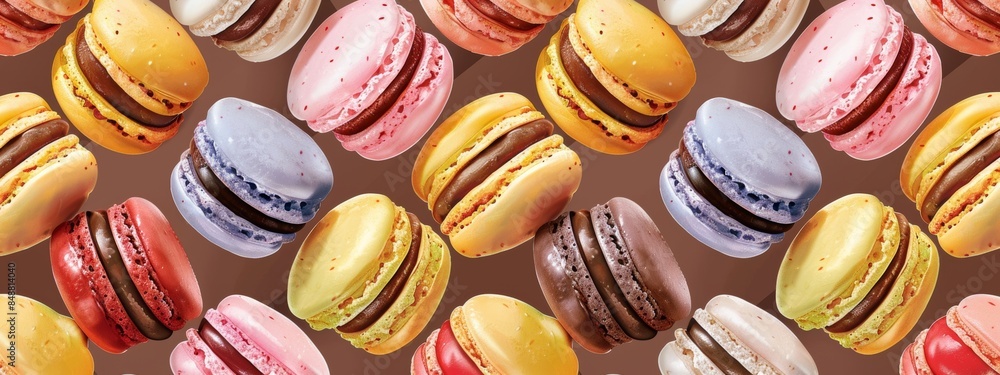 Poster seamless pattern featuring an array of colorful macarons arranged in a repeating grid.