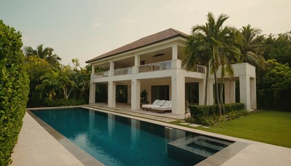 Night view of beautiful villa on island Luxury house with swimming pool at night Luxury house with swimming pool at night