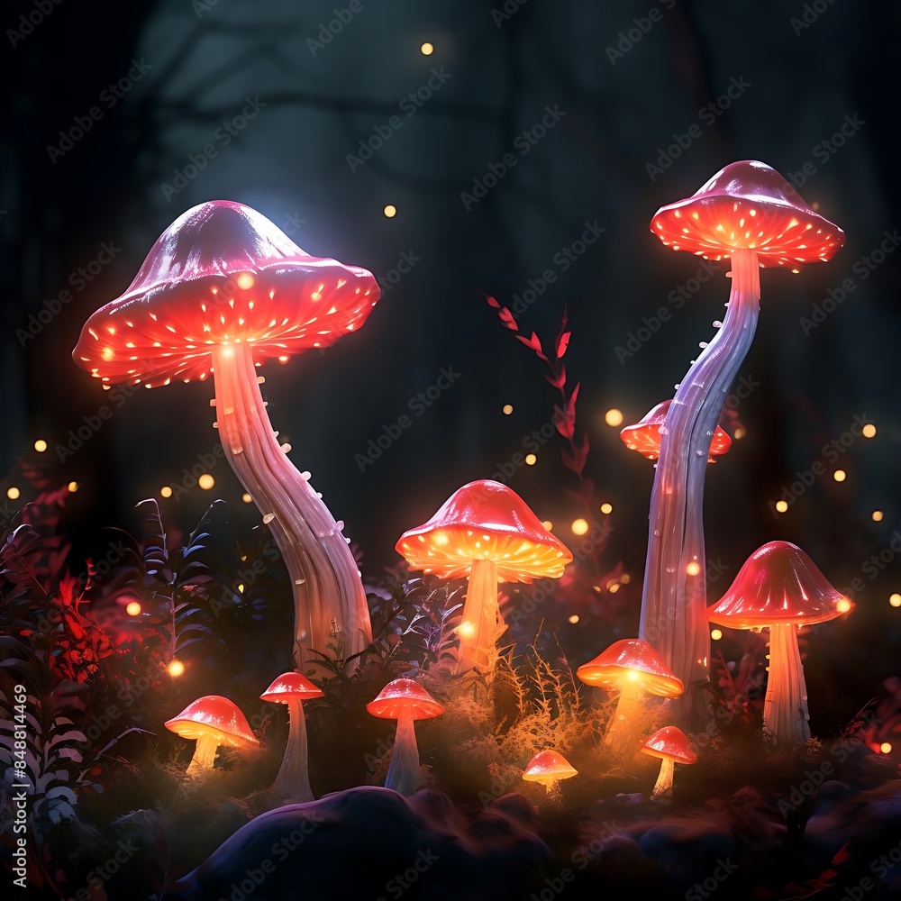 Poster a colorful array of mushrooms, including red, orange, and yellow varieties, are arranged in a row fr