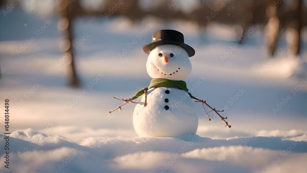 Aufkleber smiling snowman in snowy forest generative ai