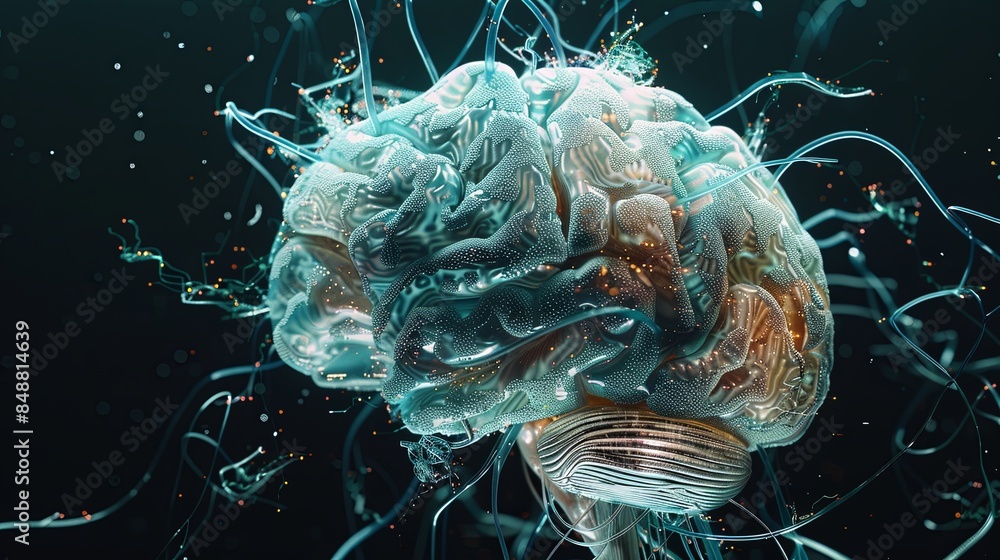 Fototapete a digitally rendered human brain, integrated with neural networks, symbolizes the connection between