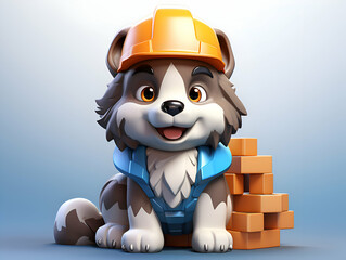 Fototapeta premium Cartoon dog with helmet and bricks on blue background 3D