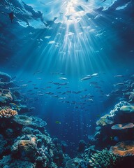 Fototapeta premium Beautiful underwater scene with sunlight streaming through water, showcasing vibrant coral reefs and a variety of fish in deep blue ocean.