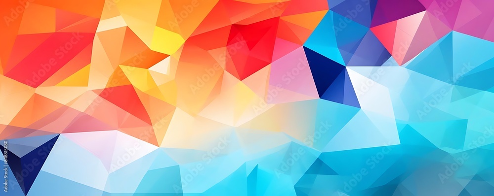 Poster a colorful geometric pattern of triangles in various sizes and shapes, arranged in a row from left t