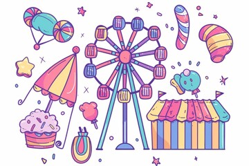 Cartoon cute doodles of a summer fair with a Ferris wheel, cotton candy, and games, Generative AI 