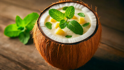 pina colada with a mint leaf, served in a coconut. The drink looks refreshing and tropical,