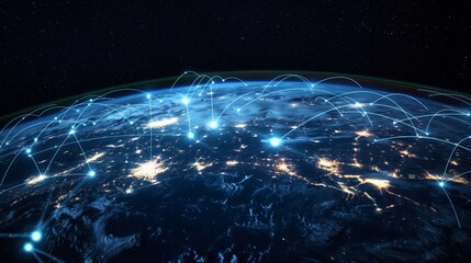 An overhead view of Earth at night showing digital lines representing global communication networks.