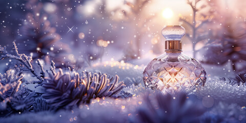 Close-up of Perfume Bottle in Winter Wonderland with Sparkling Snowflakes and Frosty Pine Trees