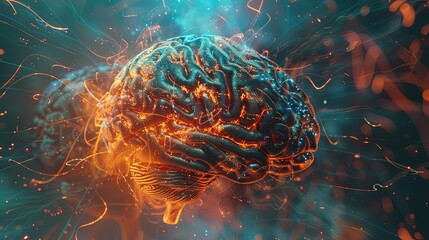 A 3D visualization showcasing the fusion of human intelligence and AI, represented by a brain interwoven with digital elements and neural networks. Generative AI