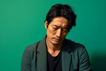 Obraz premium A sad man mourning a loss, on a pastel soft green background