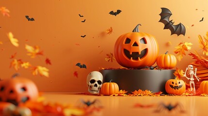 Halloween Promotion Poster or banner template and pumkin,bat and halloween elements,Happy Halloween banner or party invitation 2024,Website spooky or banner template,Place for text.