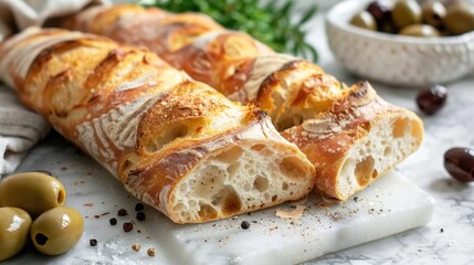Freshly baked artisan ciabatta bread with olives served on a marble surface