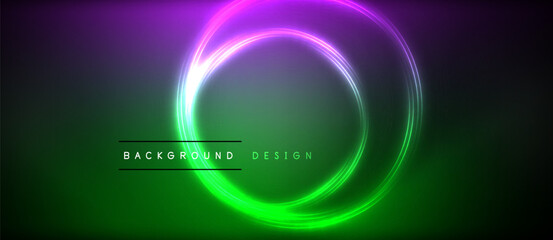 Neon glowing circle rays, light round lines in the dark, planet style neon wave lines. Energetic electric concept design for wallpaper, banner, background