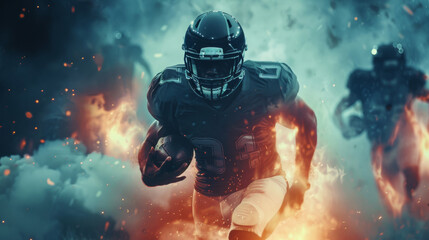 A dynamic American football player charges forward with the ball against a fiery, explosive backdrop, displaying dynamic action and intense energy.