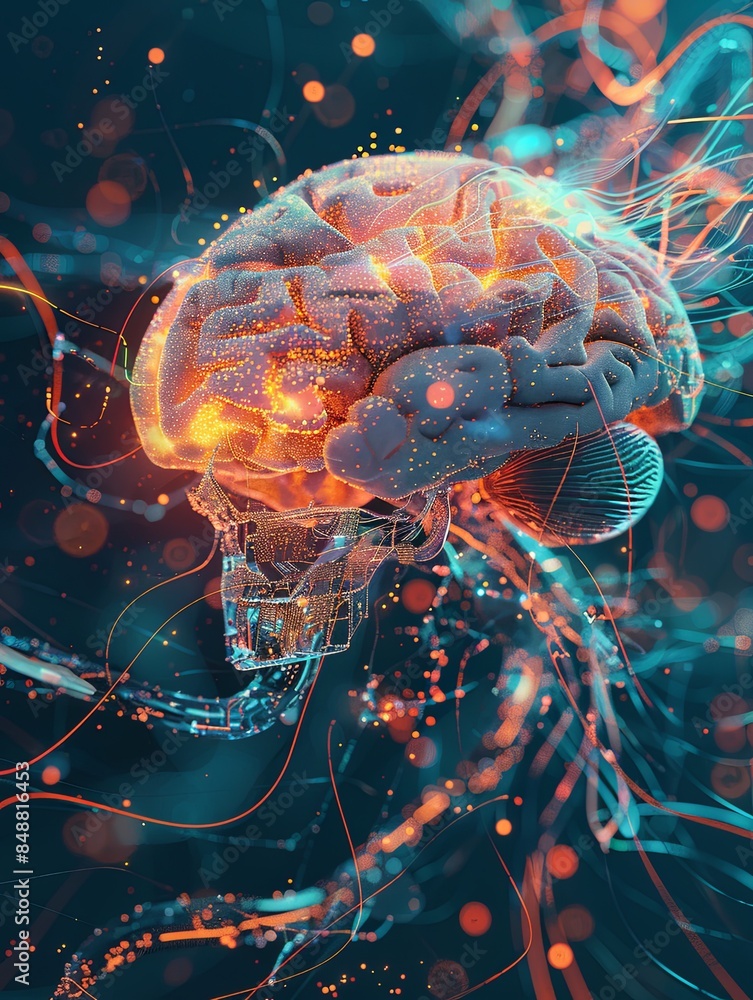 Aufkleber an abstract digital illustration depicting a human brain interwoven with neural networks and digital