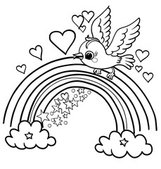 cute dove flying over the rainbow with hearts and stars coloring page for kids