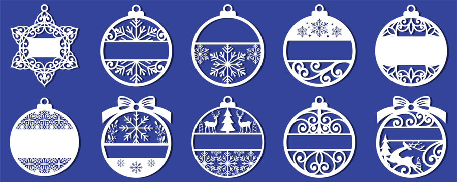 Big set of Christmas decorations - balls with a Santa Claus, deer, snowflake, candle, angel, snowman, gift, sock, Christmas tree, house. Template for laser cut. New Year theme. Vector illustration.