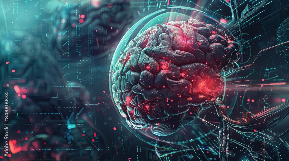 Poster an abstract visualization of a human brain integrated with digital elements and neural networks, sym