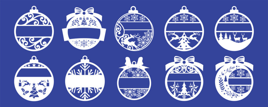 Big set of Christmas decorations - balls with a Santa Claus, deer, snowflake, candle, angel, snowman, gift, sock, Christmas tree, house. Template for laser cut. New Year theme. Vector illustration.
