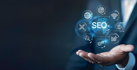 A businessman holding his hand with the word SEO and icons