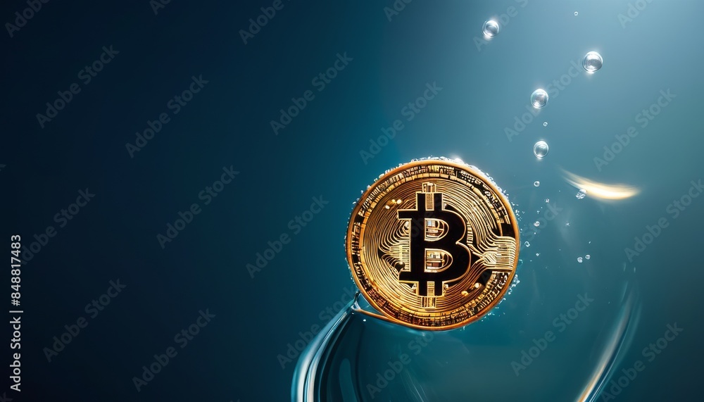 Poster a single bitcoin immersed in water with surrounding bubbles, illustrating the concept of cryptocurre