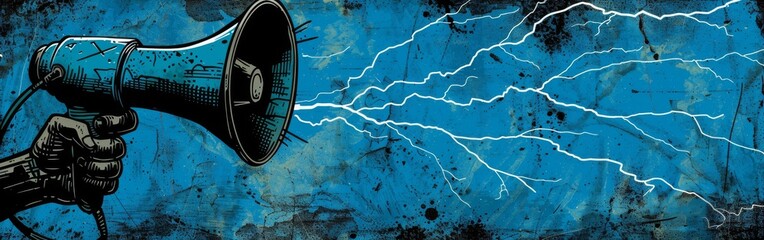 A painting featuring a hand holding a megaphone against a blue background