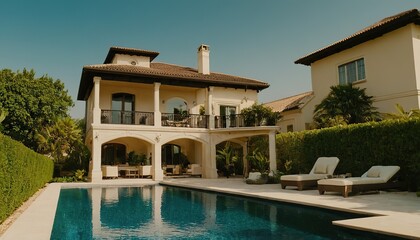 Fototapeta premium Luxury house with swimming pool at night Luxury house with swimming pool at night Interior Inviting Retreat a contemporary residence luxury villa with a large swimming pool