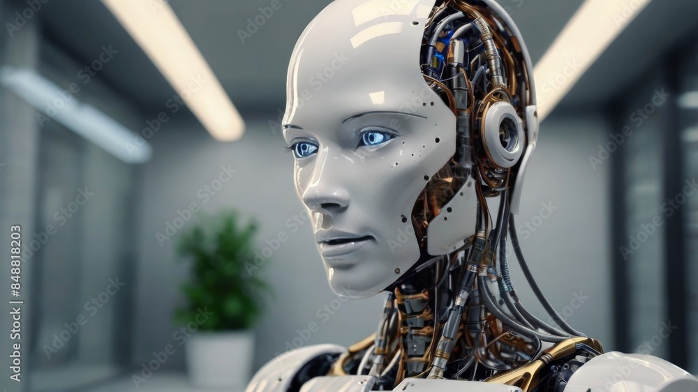 Poster artificial intelligence integrated into a humanoid head. generative bot designed for idea creation, 