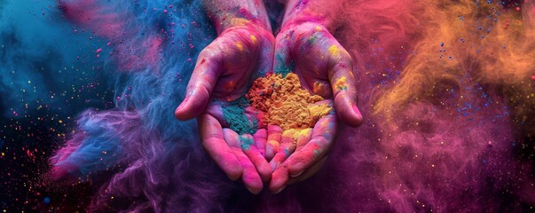 Fototapeta premium Top view of human dirty hands with holi powder, festival of colours banner. Generative AI.