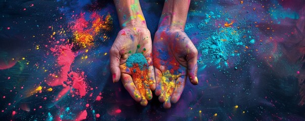 Top view of human dirty hands with holi powder, festival of colours banner. Generative AI.