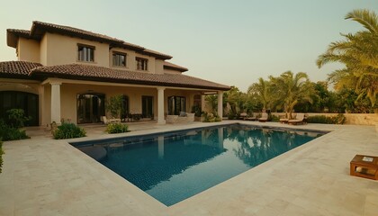 Fototapeta premium Luxury house with swimming pool at night Luxury house with swimming pool at night Interior Inviting Retreat a contemporary residence luxury villa with a large swimming pool