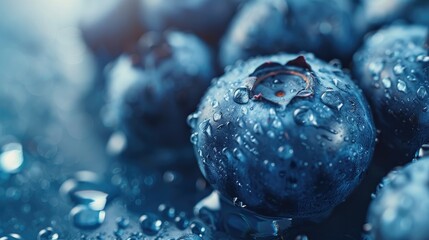 Fototapeta premium Juicy blueberries with space for text vegan and vegetarian theme close up texture of the fruit