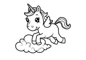 Cute unicorn jumping among clouds, simple line art coloring page for kids