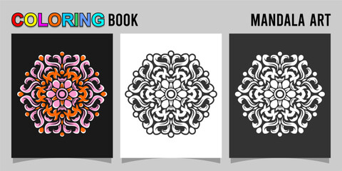 mandala shape coloring book. Isolated on white and black background. accompanied by colored contour.