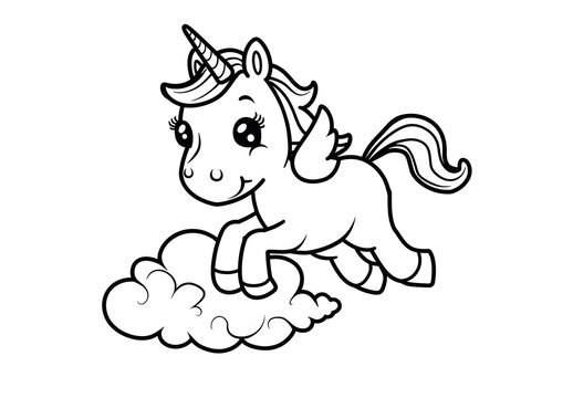 recommend clip art: Cute unicorn jumping among clouds, simple line art coloring page for kids