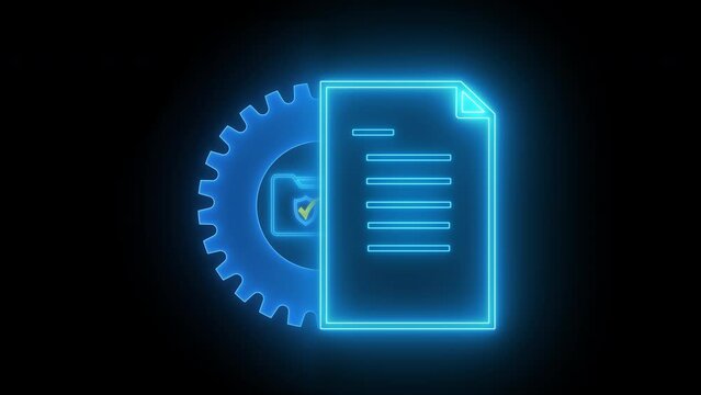 Document management system and process automation concept. Quality business service. Animation of document sign with cogwheel gear icon isolated on transparent background.