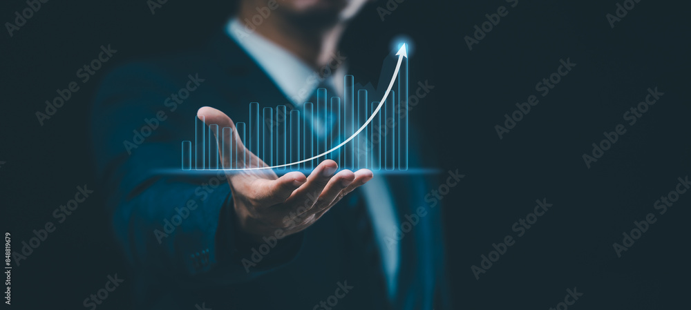 Poster businessman holding a graph depicting business growth, alongside blockchain technology and data anal