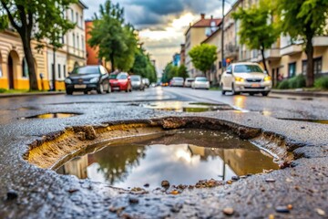 Obraz premium pothole with rain water on city street. Damaged urban transport infrastructure 