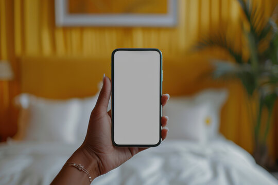 A person holding a cell phone with blank screen