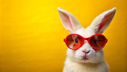 White Rabbit Wearing Red Sunglasses Against Bright Yellow Background - Humorous and Anthropomorphic Portrayal for Amusing and Eye-Catching Visual.