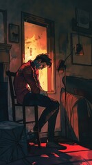 Fototapeta premium Man sitting on chair in dark room, illuminated by fiery light from window, creating a dramatic, reflective mood.